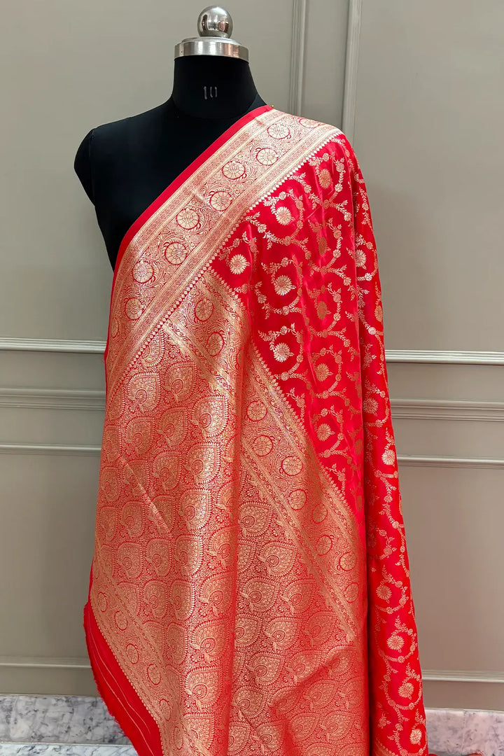 Red Dragon Jaal Katan Silk Banarasi Saree