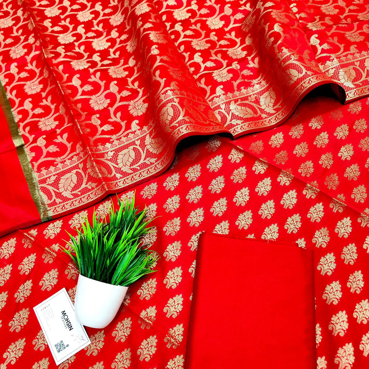 Red Frozen Tree Satin Silk Banarasi Suit