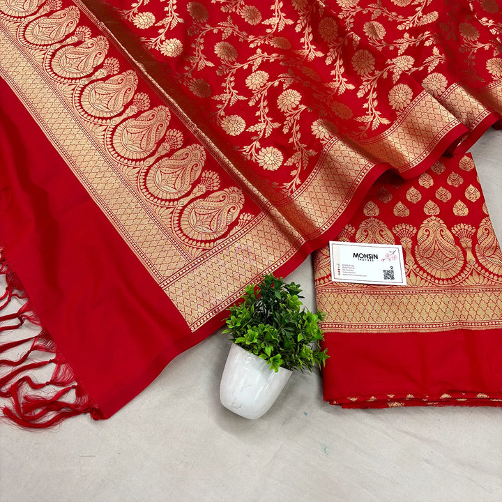 Red Gumbad Buti Katan Silk Banarasi Suit