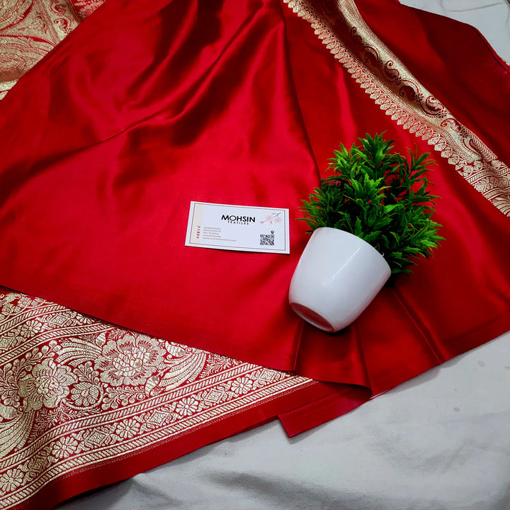 Red Shahanshahi Jaal Katan Silk Banarasi Saree