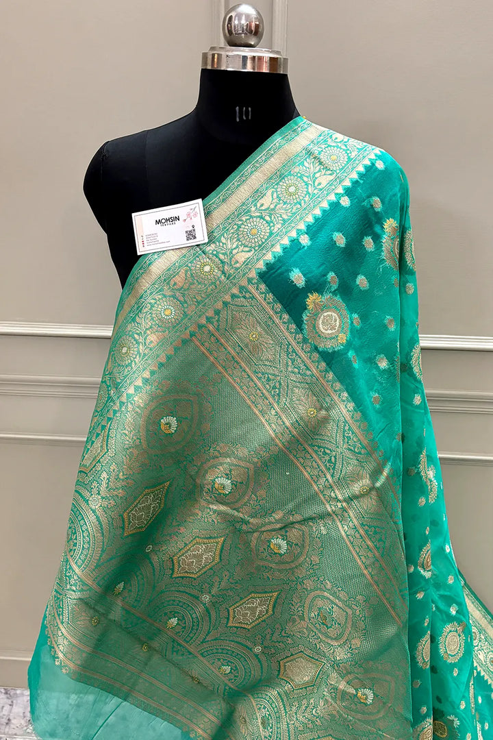 Sea Green Golden Zari Organza Silk Banarasi Saree