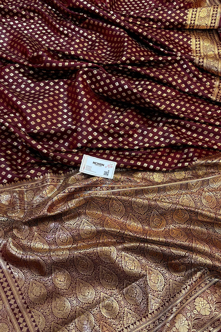 Wine Golden Paan Katan Silk Banarasi Saree