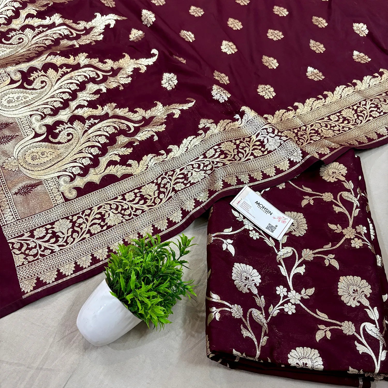 Wine Golden Zari Katan Silk Banarasi Suit