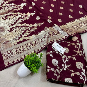 Wine Golden Zari Katan Silk Banarasi Suit