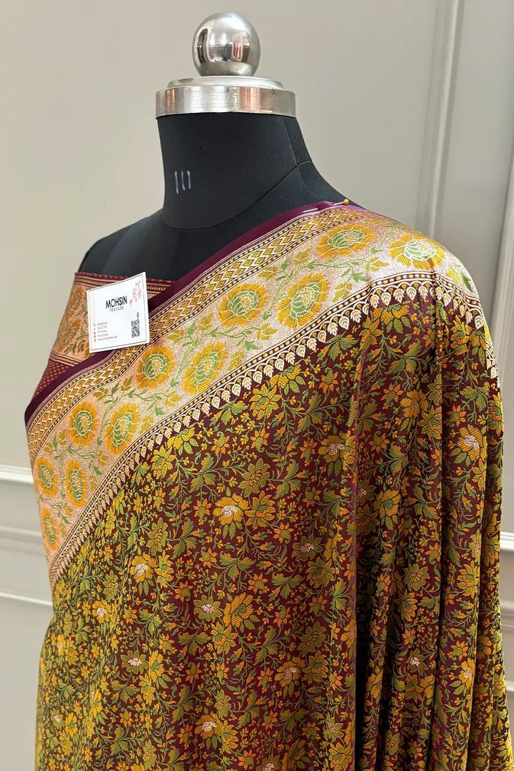 Wine and Mehendi Jungli Jaal Katan Silk Banarasi Saree