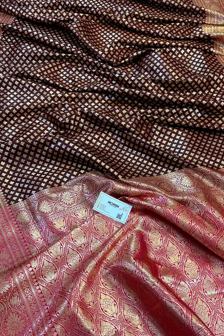 Wine and Pink Chidi Buti Katan Silk Banarasi Saree