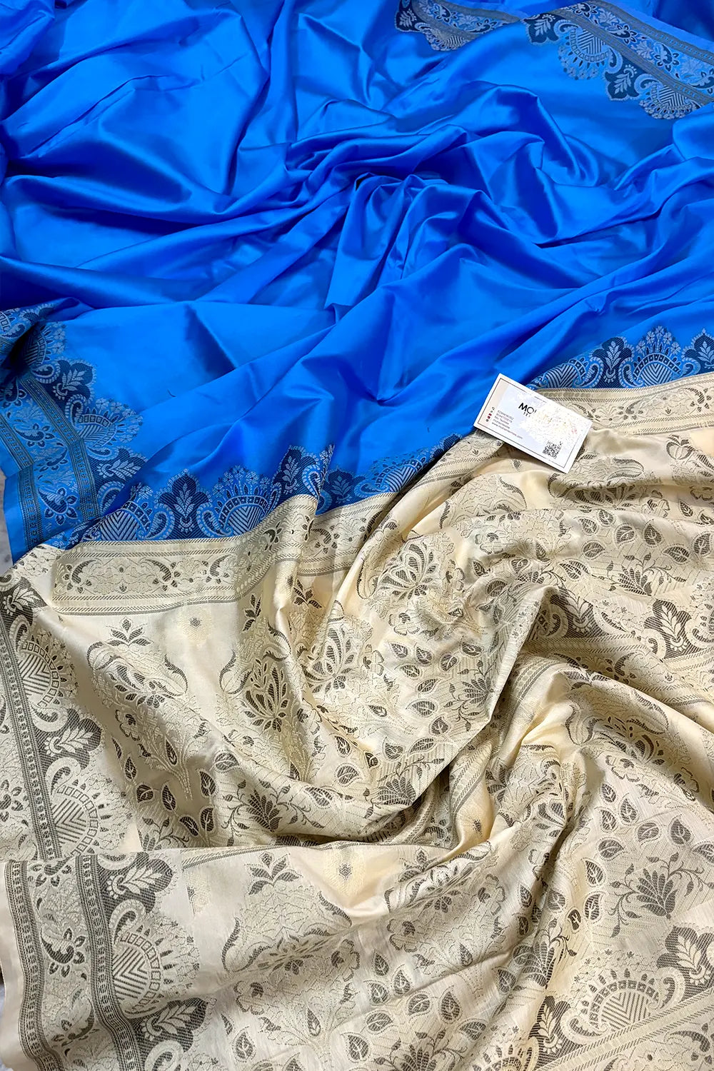 Blue and Beige Plain Resham Silk Banarasi Saree
