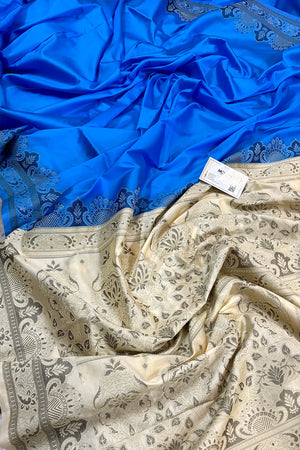 Blue and Beige Plain Resham Silk Banarasi Saree
