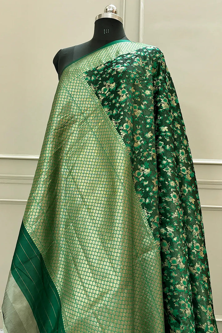 Bottle Green Jamawar Katan Silk Banarasi Saree