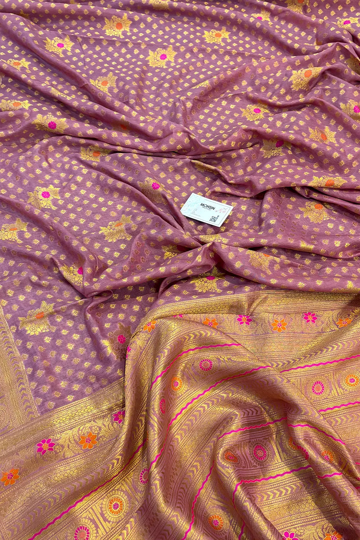 Lavender Golden Zari Dola Silk Banarasi Saree