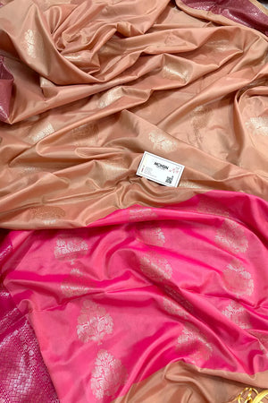 Light Peach and Pink Golden Zari Banarasi Silk Saree
