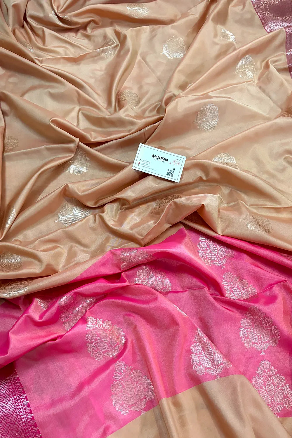 Light Peach and Pink Golden Zari Banarasi Silk Saree