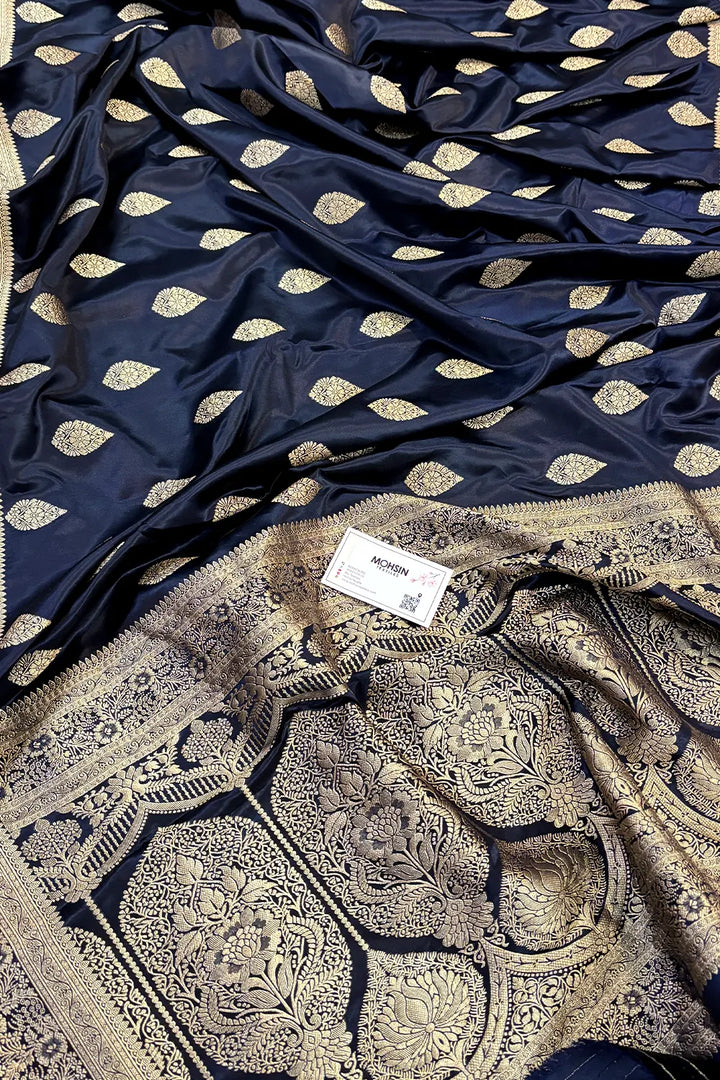 Navy Blue Badami Buta Katan Silk Banarasi Saree