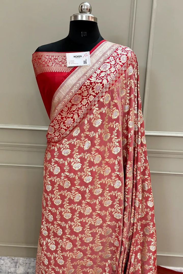 Peach and Red Maharani Jaal Crepe Silk Banarasi Saree