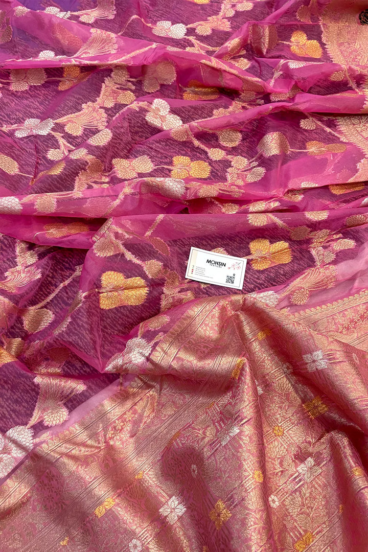 Pink Golden Zari Organza Silk Banarasi Saree