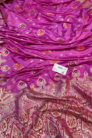 Pink Pangi Buti Katan Silk Banarasi Saree