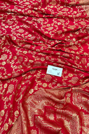 Pinkish Red Golden Zari Georgette Silk Banarasi Saree