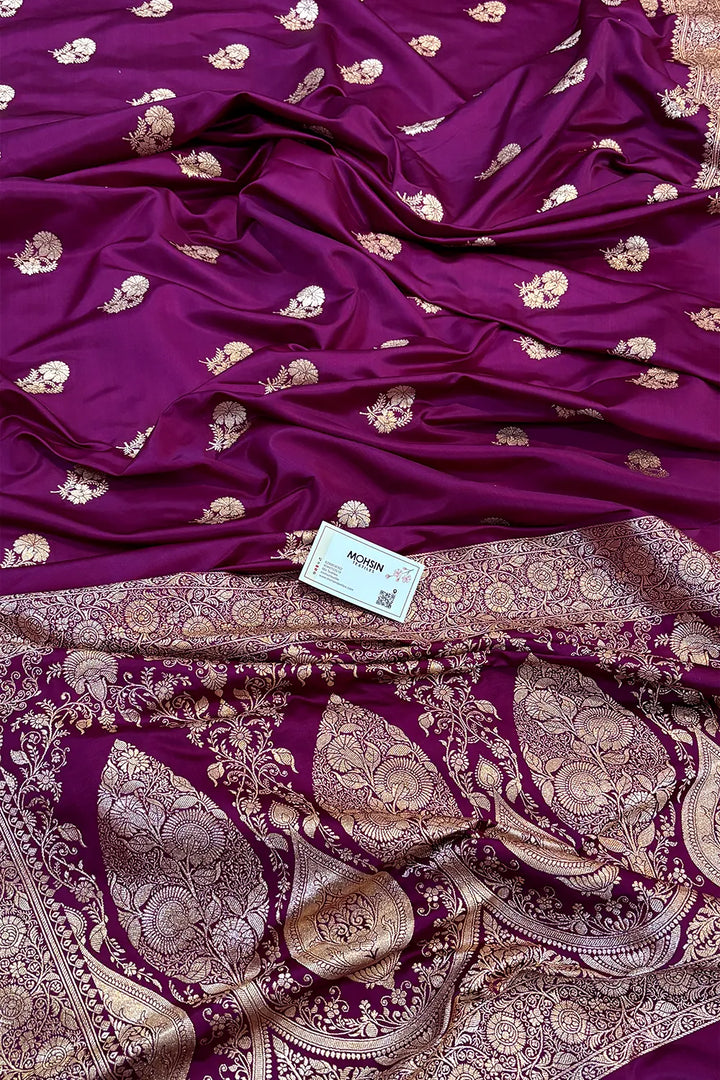 Purple Golden Flower Katan Silk Banarasi Saree