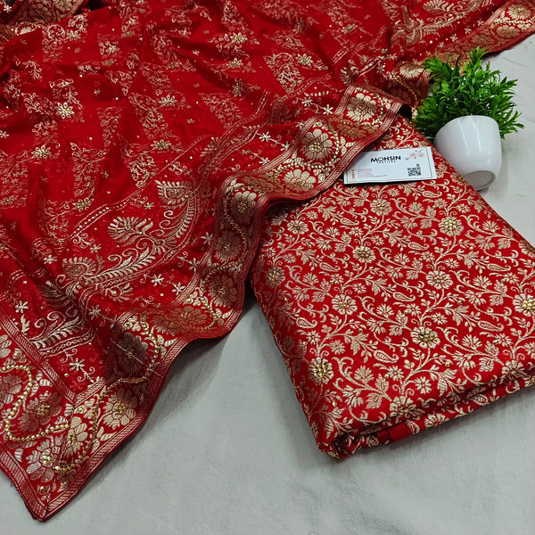 Red Stone Work Kimkhab Silk Banarasi Gharara