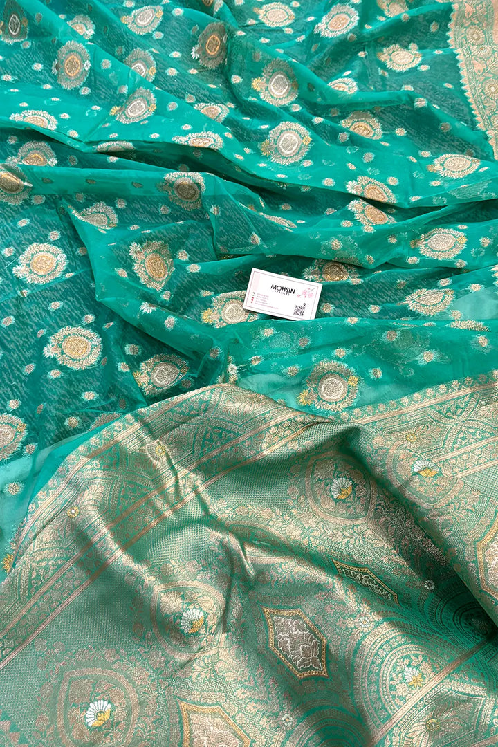 Sea Green Golden Zari Organza Silk Banarasi Saree