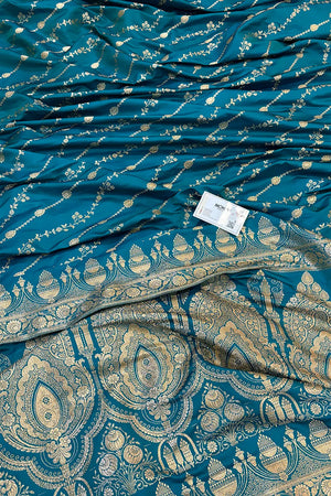Teal Sunehri Lehar Katan Silk Banarasi Saree