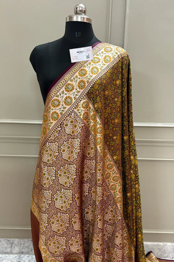 Wine and Mehendi Jungli Jaal Katan Silk Banarasi Saree