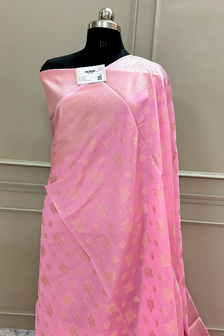 Baby Pink Daab Buti Chanderi Silk Banarasi Saree