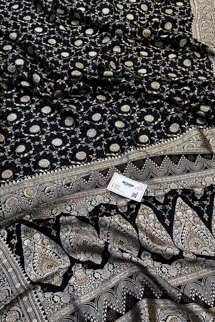 Black Murerwa Daal Swarovski Stone Katan Silk Banarasi Saree