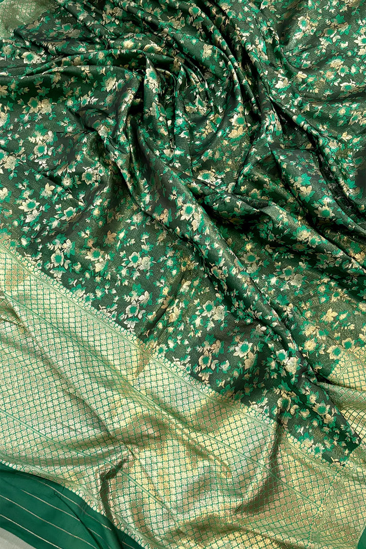 Bottle Green Jamawar Katan Silk Banarasi Saree