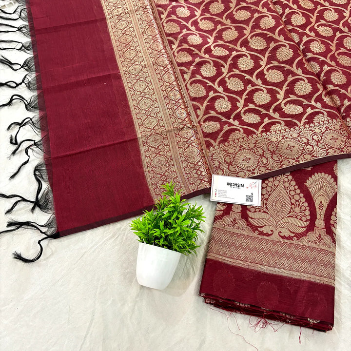 Maroon Ikka Buti Banarasi Silk Suit