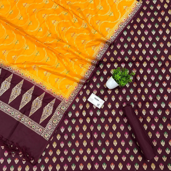 Maroon and Yellow Golden Zari Katan Silk Banarasi Suit