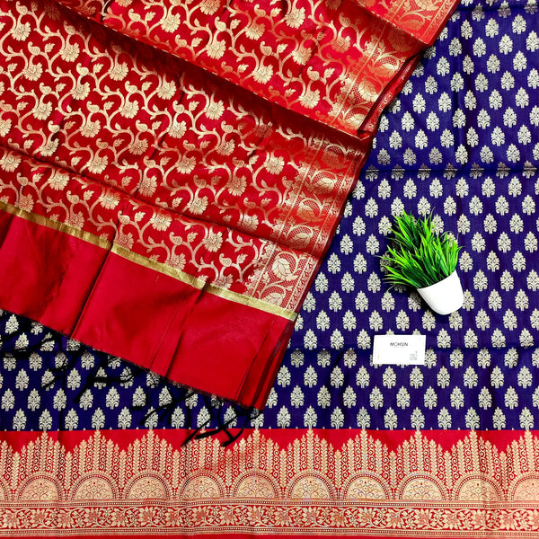 Navy Blue and Red Frozen Tree Satin Silk Banarasi Suit