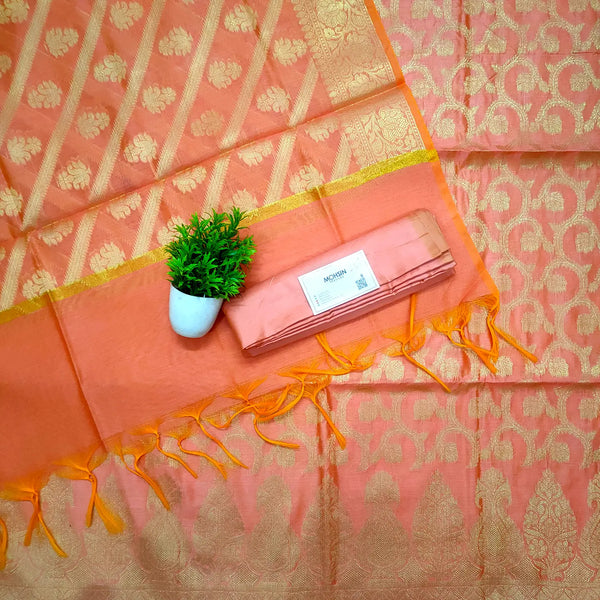 Peach Golden Zari Banarasi Silk Suit