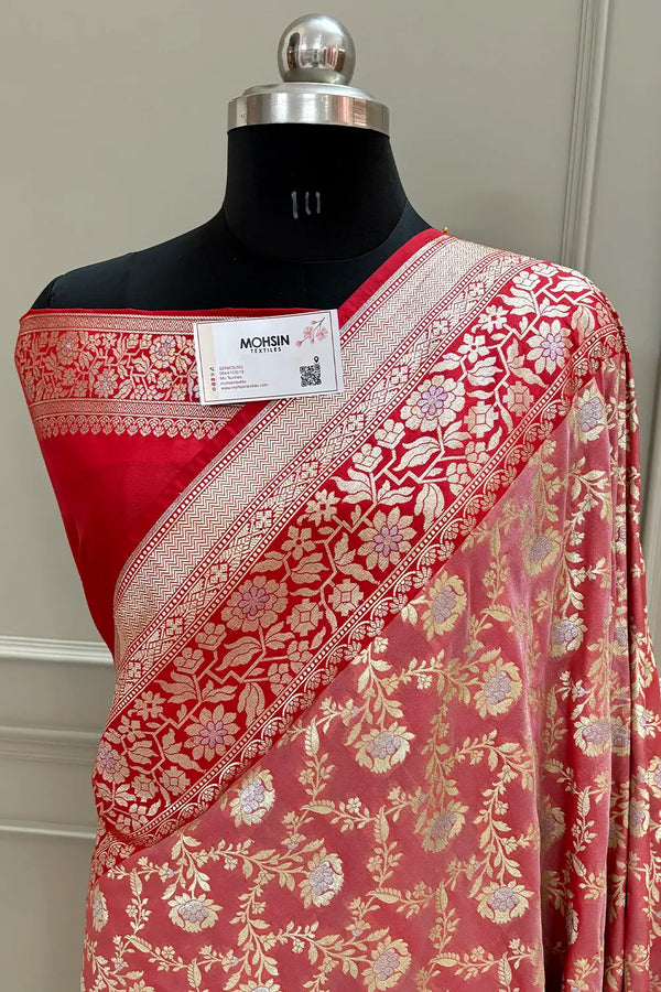 Peach and Red Maharani Jaal Crepe Silk Banarasi Saree