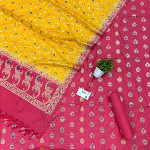 Peach and Yellow Golden Zari Katan Silk Banarasi Suit