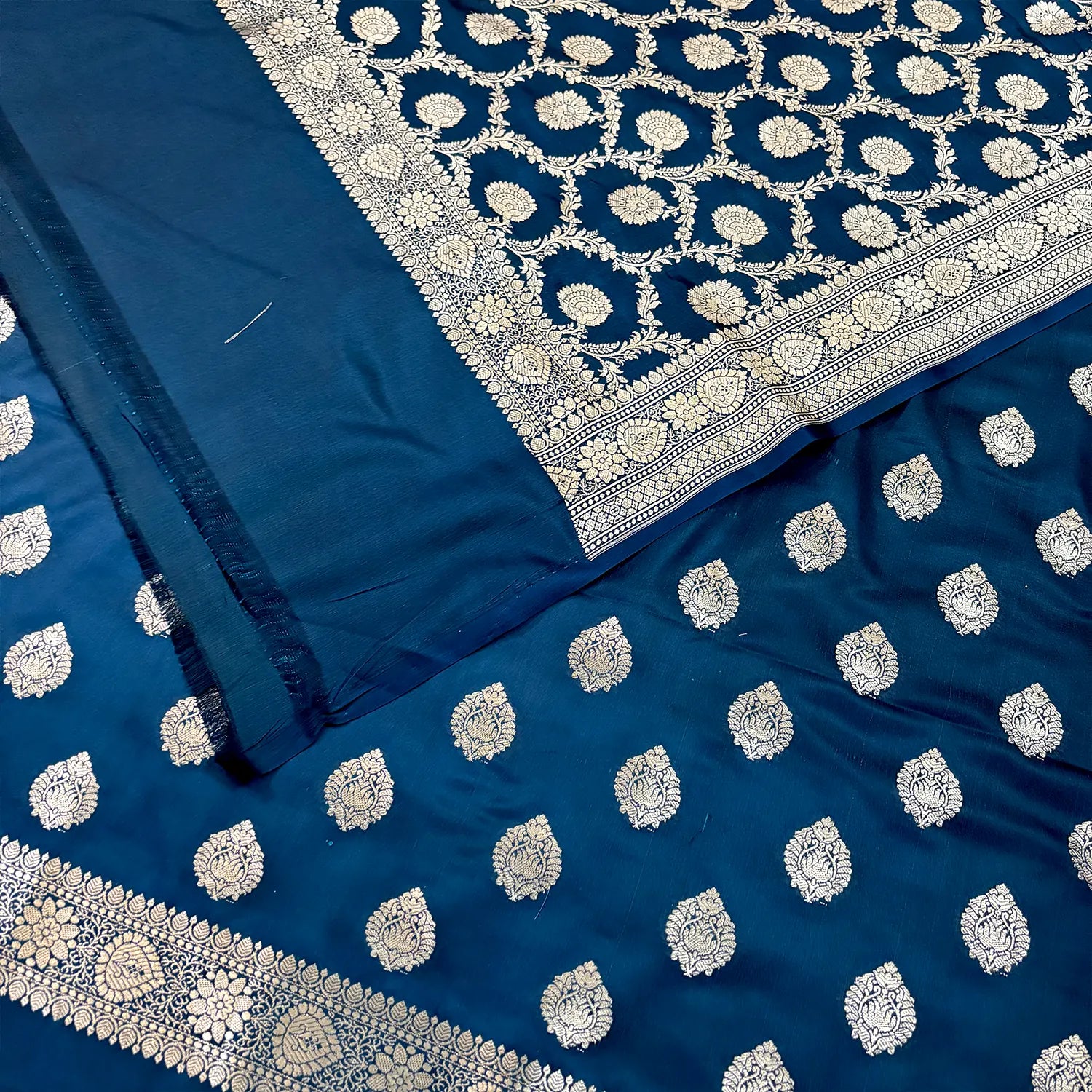 Peacock Blue Golden Zari Katan Silk Banarasi Suit