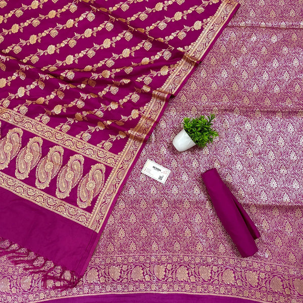 Pink Golden Zari Katan Silk Banarasi Suit