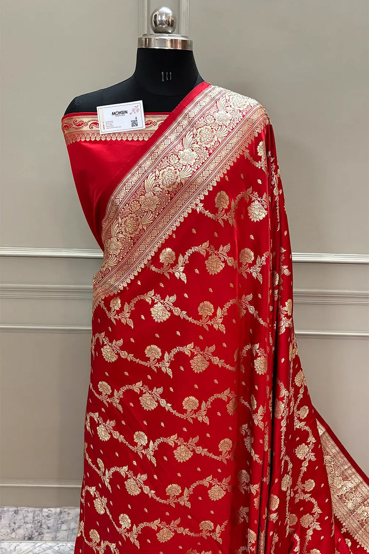 Red Tirchi Daal Katan Silk Banarasi Saree