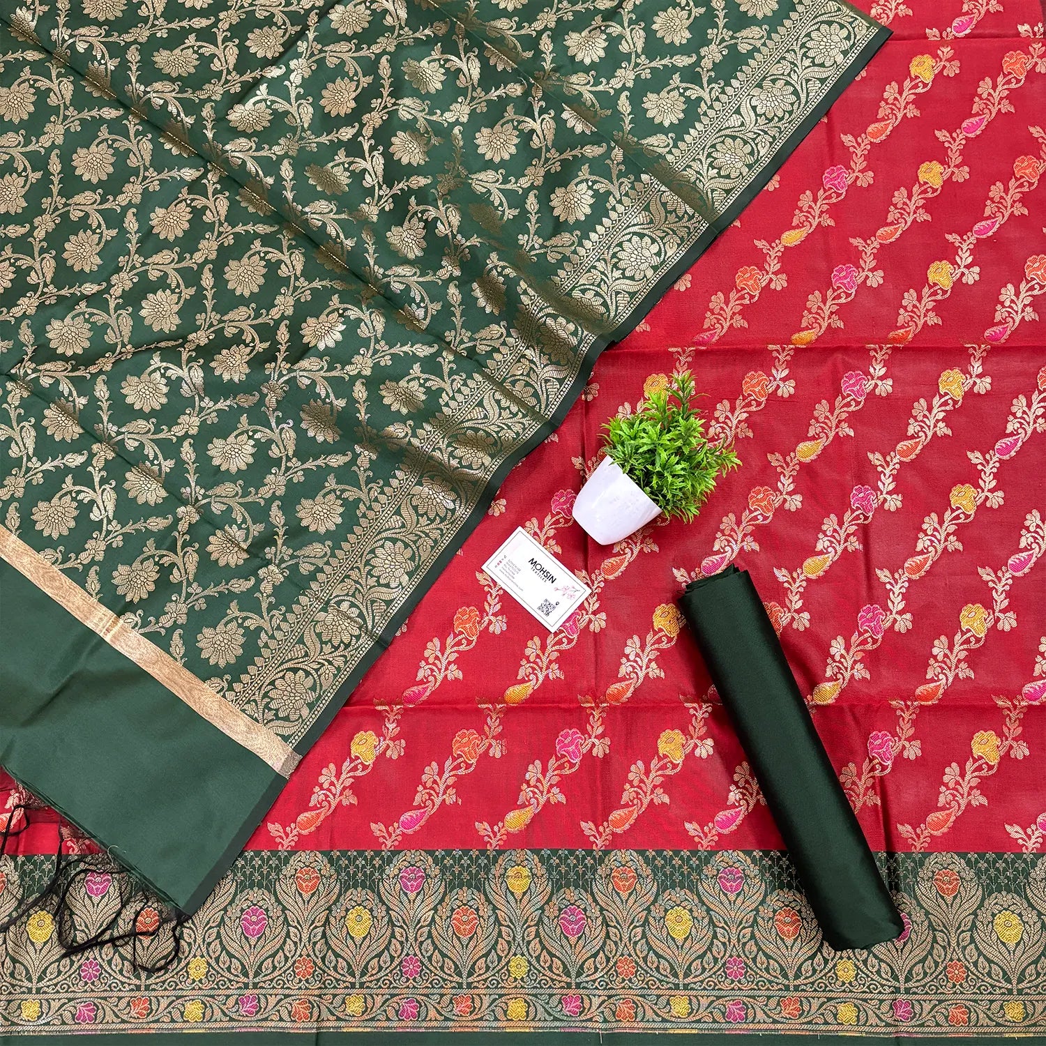 Red Rang Red and Bottle Green Rang Mahal Satin Silk Banarasi Suit β Mohsin Textiles