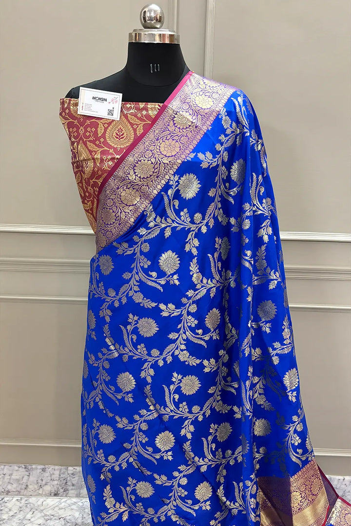 Royal Blue and Maroon Morpankhi Jaal Satin Silk Banarasi Saree