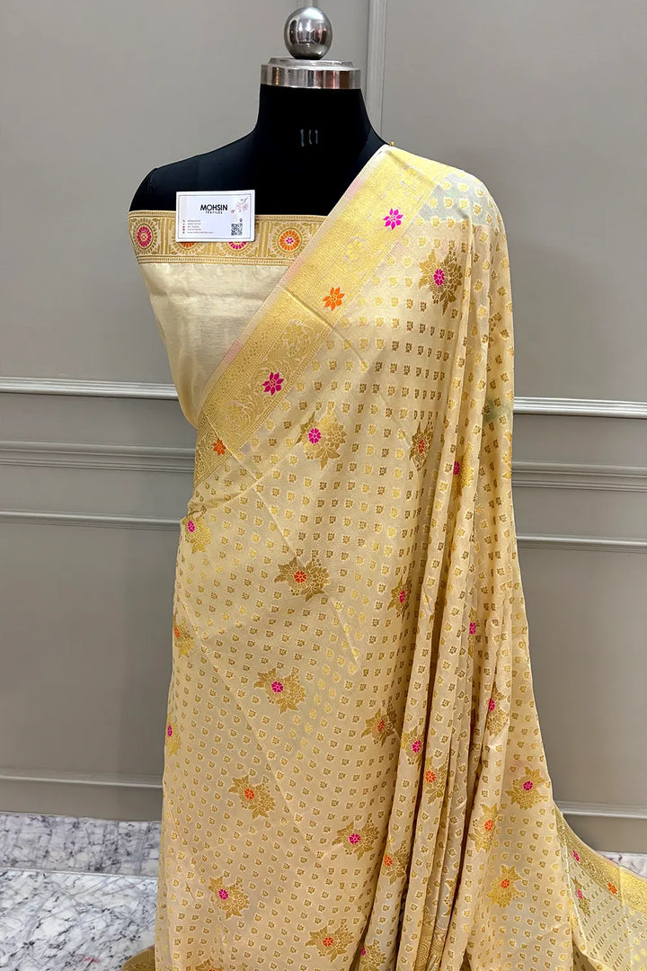 Beige Golden Zari Dola Silk Banarasi Saree