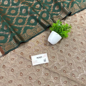 Beige and Bottle Green Patti Jaal Banarasi Silk Suit