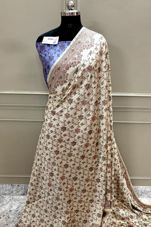 Beige and Lavender Resham Silk Banarasi Saree