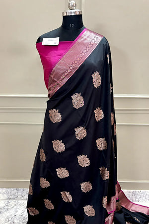 Black and Pink Golden Zari Banarasi Silk Saree