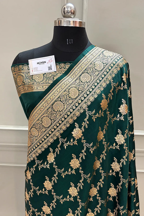 Bottle Green Akbari Jaal Katan Silk Banarasi Saree