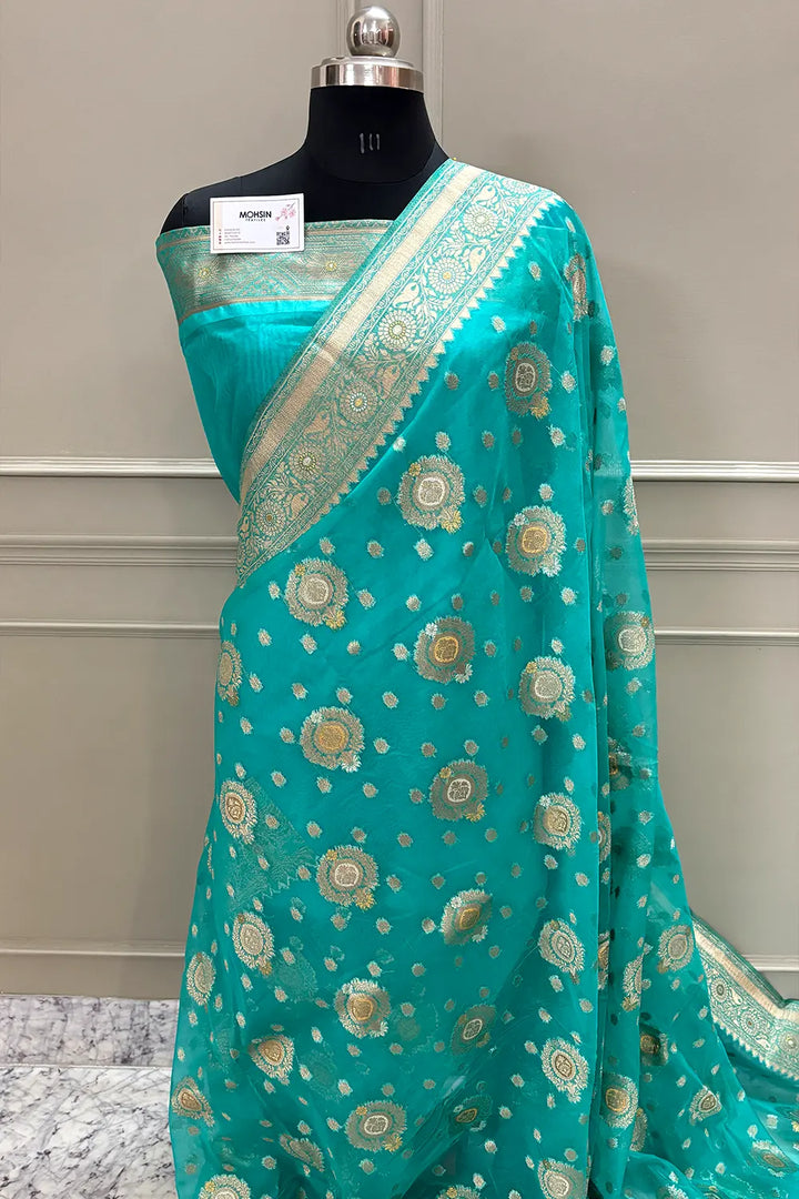 Dark Sea Green Golden Zari Organza Silk Banarasi Saree