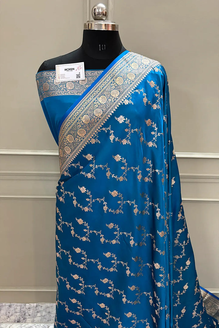 Firozi Jhadi Jaal Katan Silk Banarasi Saree