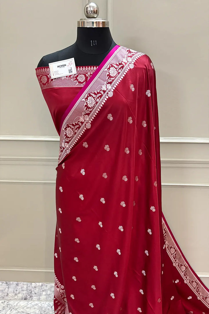 Maroon Babri Buti Katan Silk Banarasi Saree