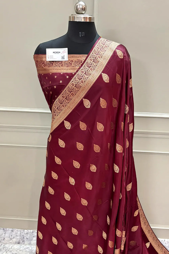 Maroon Badami Buta Katan Silk Banarasi Saree