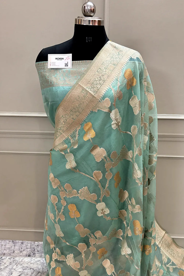 Mint Green Golden Zari Organza Silk Banarasi Saree